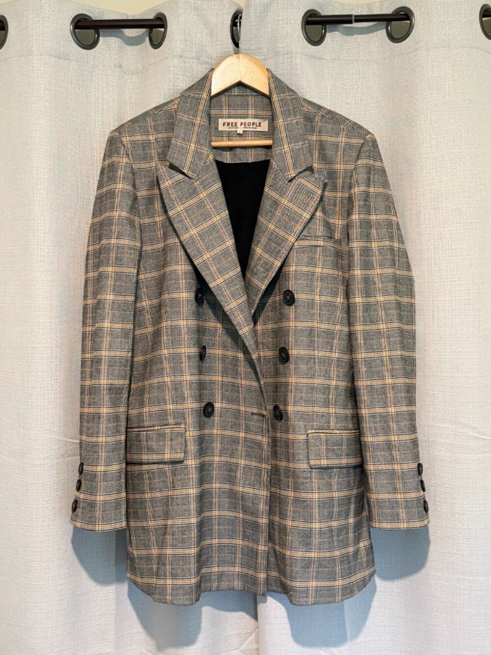 Free People Long Plaid Blazer Jacket Grey Gold Large - Picture 3 of 12